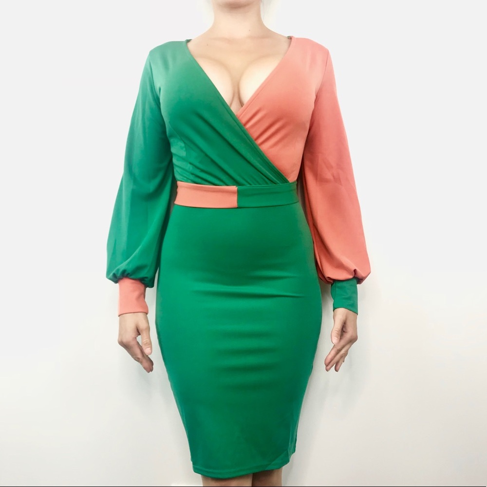 NWT Womens Green Orange V Neck Waist Belt Dress - Picture 1 of 4